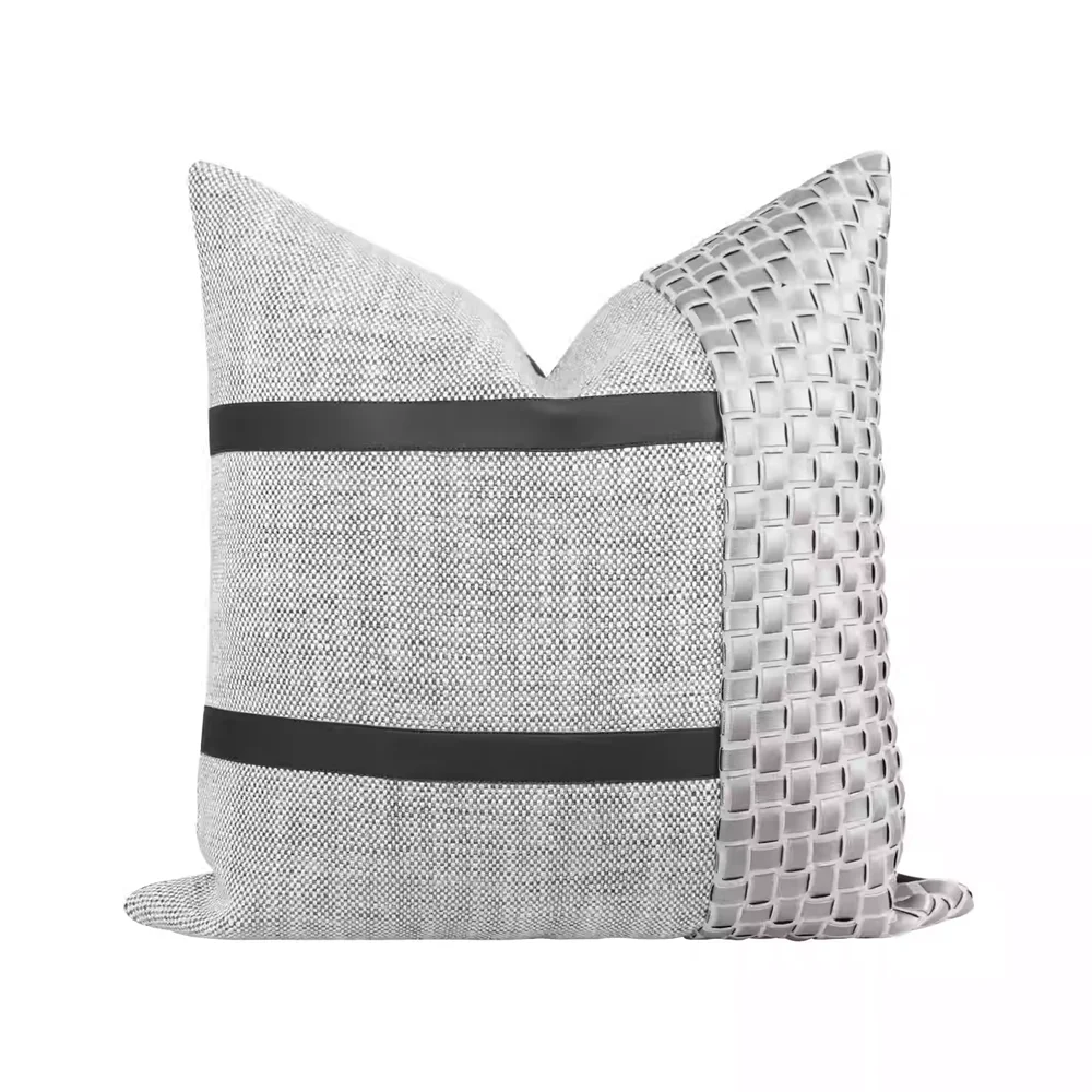 RUIYI Luxury Geometric Woven PU Pillow Cover Cotton Linen Blend with Suede Strap Modern Decorative Cushion Cover
