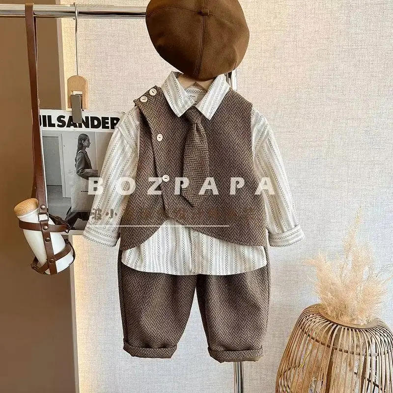 

Children's Korean Clothing Set 2026 Spring Autumn New for Boys Girls Baby Woolen Vest + Pants 2pcs Set or Shirt 3pcs Set