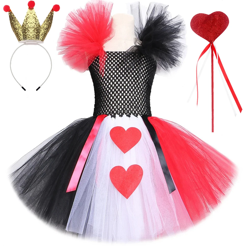 Alice Red Queen of Hearts Costumes for Girls Carnival Halloween Tutu Dress for Kids Christmas Outfits with Gold Crown Magic Wand