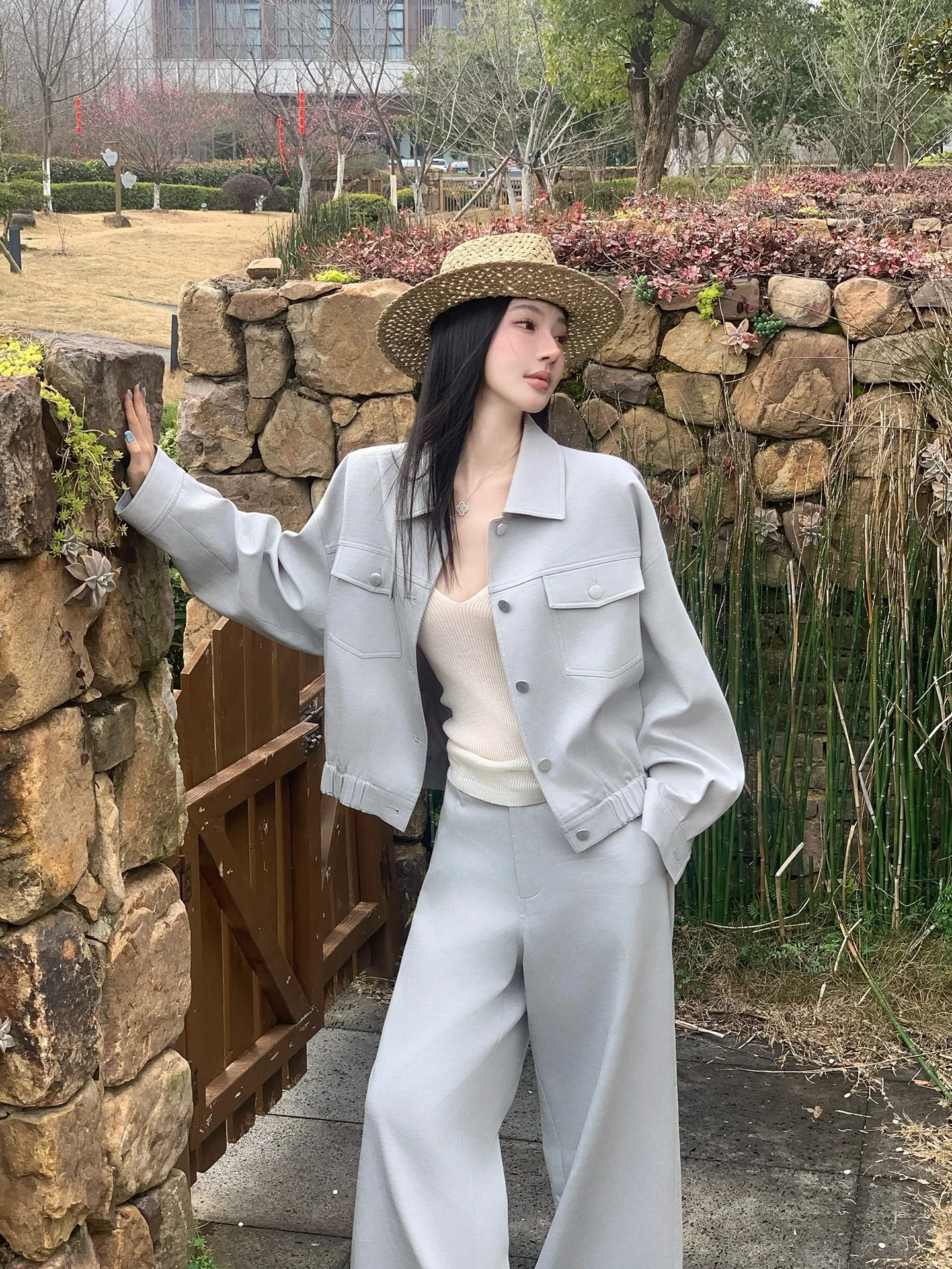 

Alin Casual Cotton Silk Blend Shirt Collar Jacket And Pants Set Women's Fashion Spring Outfit Two-Piece Ensemble