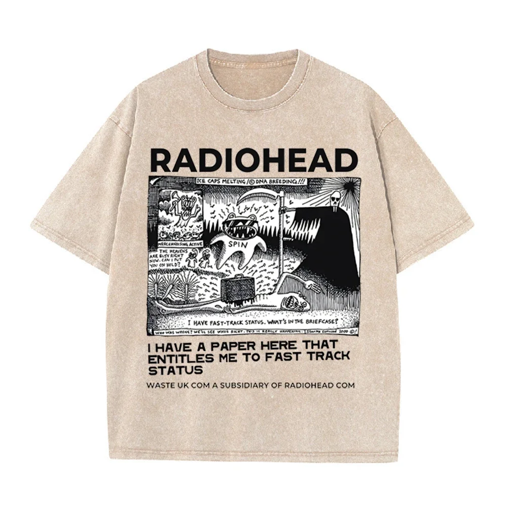 2026 Radiohead Rock Band Vintage Washed Cotton T Shirt Men Women Hip Hop Music Oversized Short Sleeve Casual Fashion Summer Stre