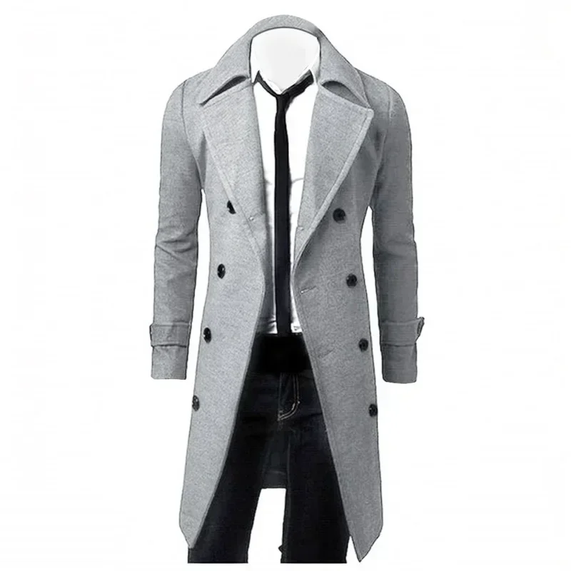 Homens duplo breasted trench coat 2024 outono inverno mistura de lã alta qualidade moda casual fino ajuste cor sólida casaco masculino