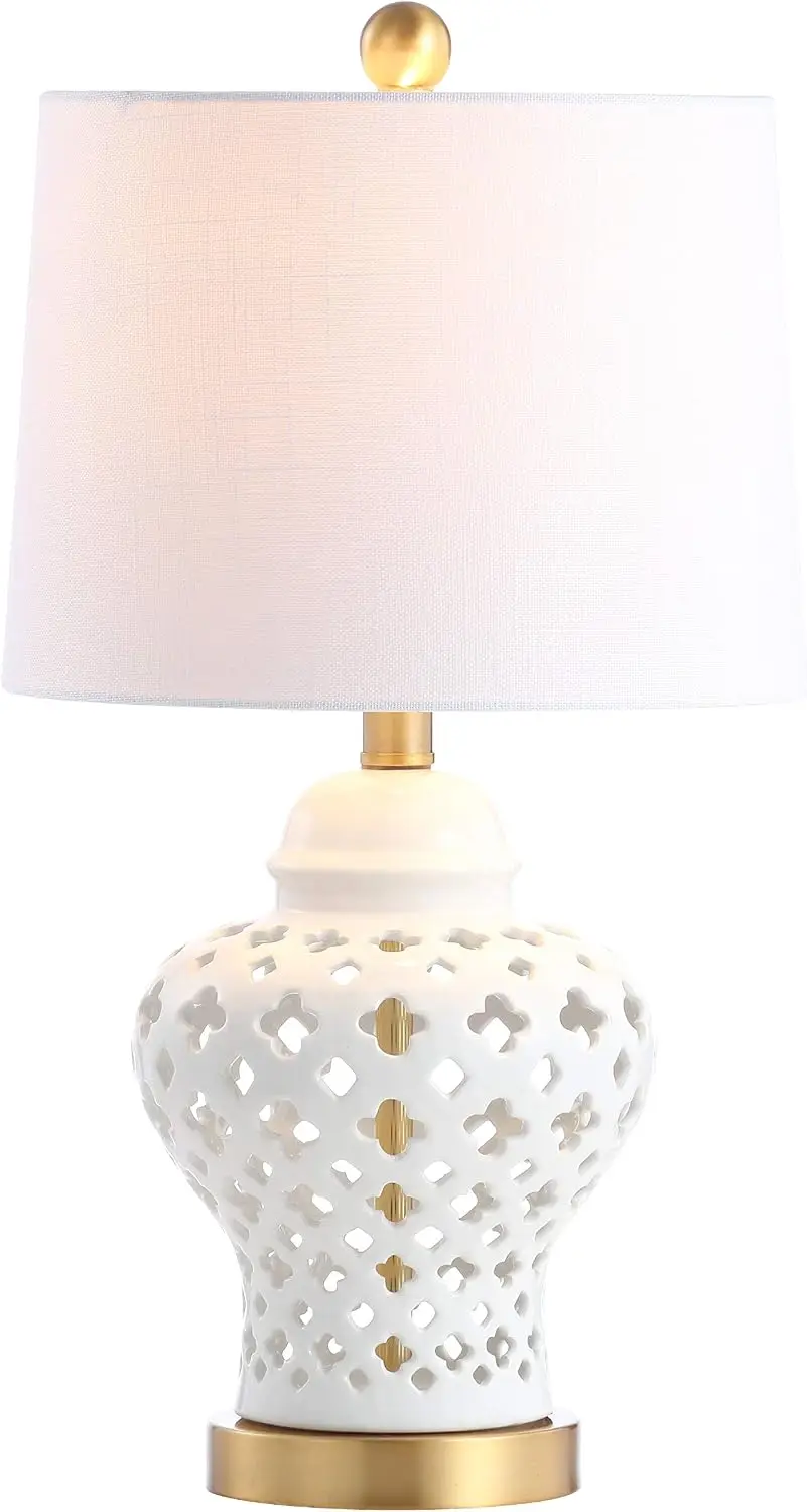 20.5" White Ceramic LED Table Lamp with Linen Shade, Modern Quatrefoil Design for Living Room Bedroom, Energy-Saving Bulb Included