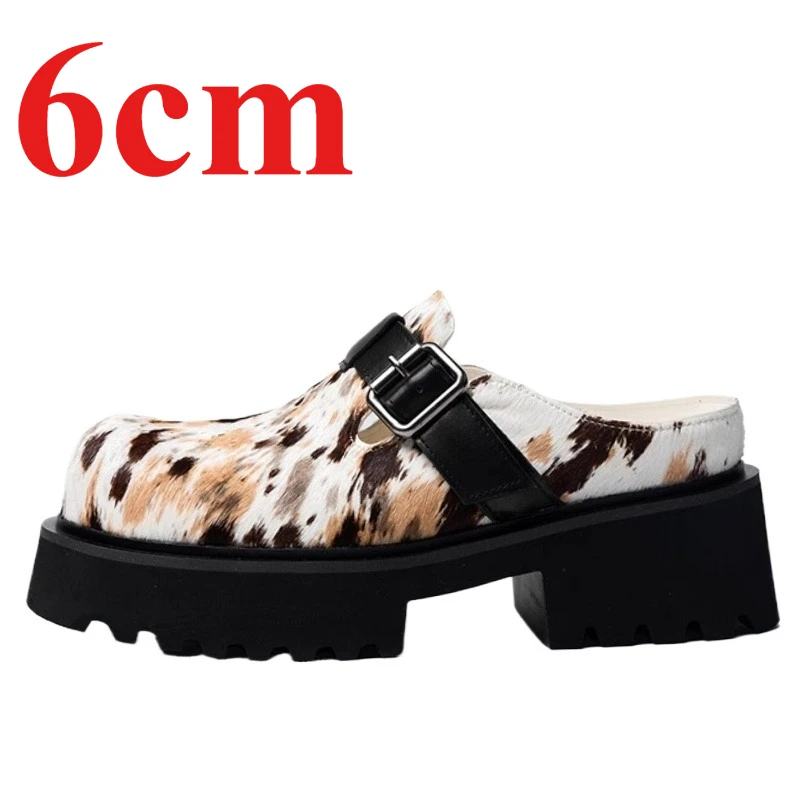 

European/American Original Design Horse Hair Slippers Shoes for Men's Genuine Leather Comfortable Breathable Heightening Sandals