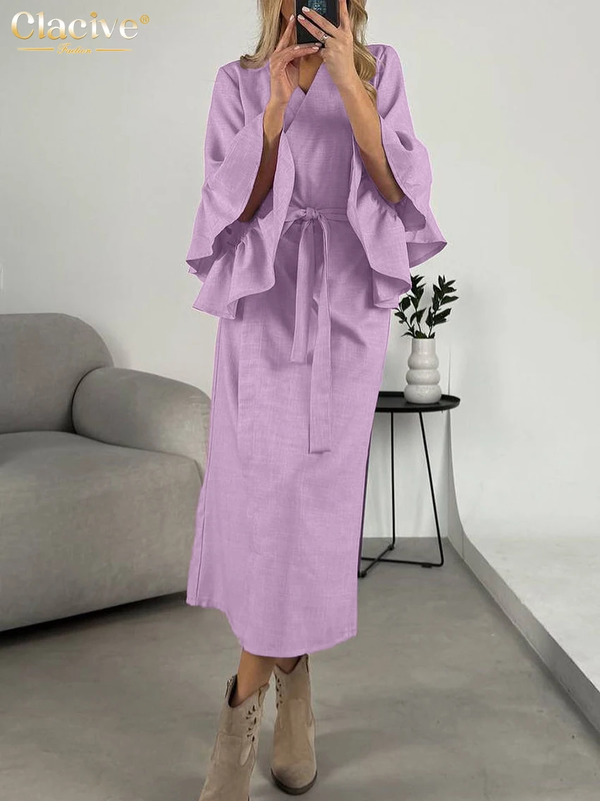 

Clacive Fashion Loose Purple Cotton Women Dress 2025 Casual V-Neck Long Sleeve Midi Dresses Elegant Classic Lace-Up Female Dress