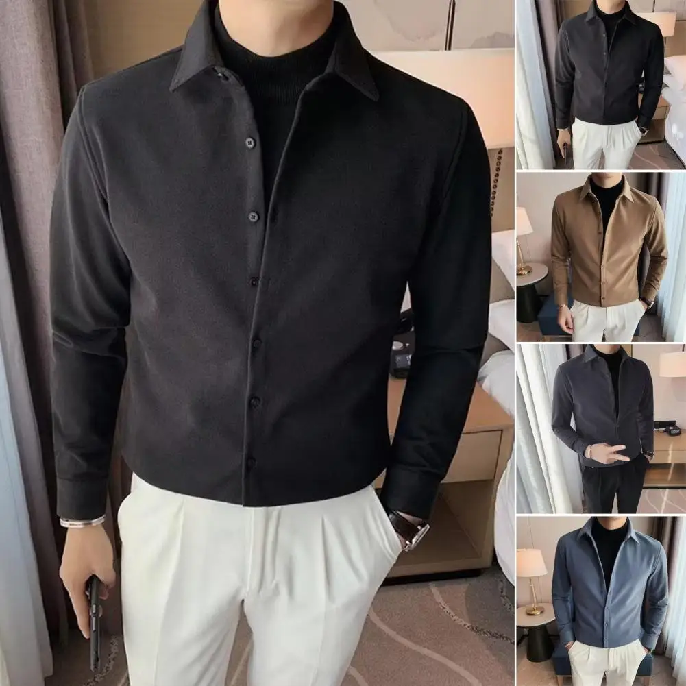 

Slim Fit Shirt Men's Lapel Single-breasted Solid Color Shirt Slim Fit Soft Casual Breathable Top for Fall Spring Mid Length