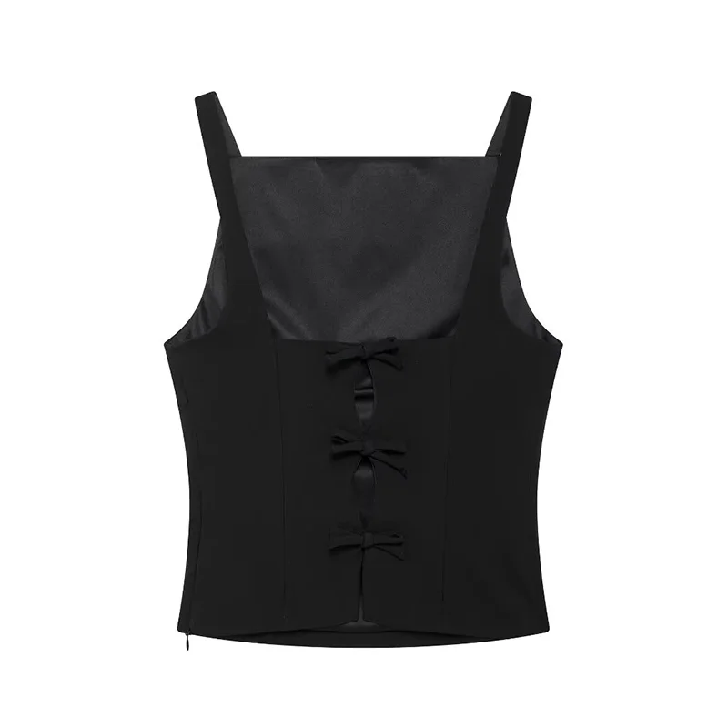 Willshela Women Fashion Black Backless Bow Lace Up Side Zipper Tank Tops Vintage Straps Square Collar Female Chic Lady Top