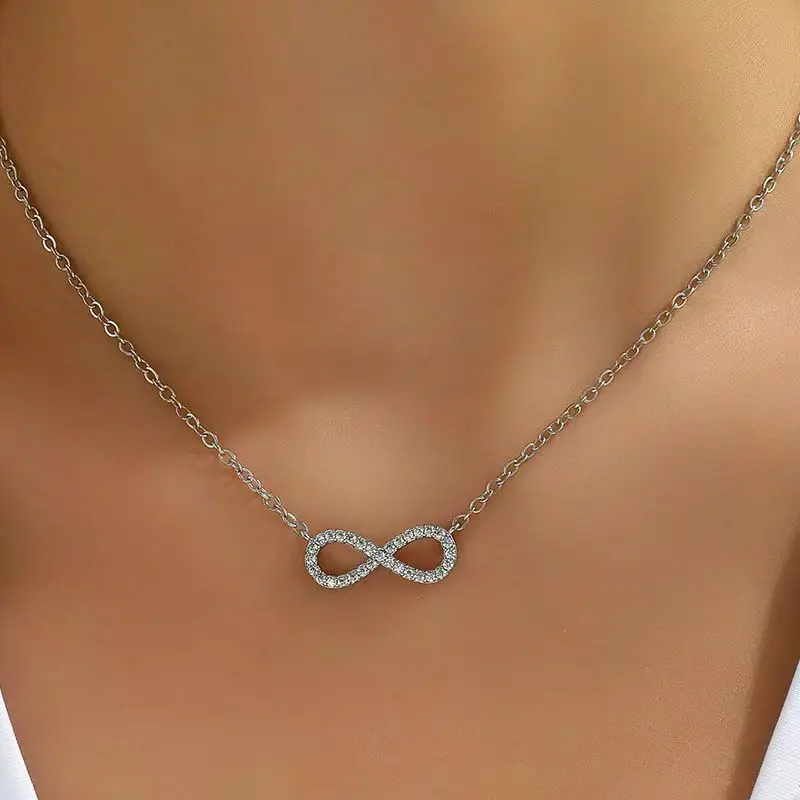 Full Paved Zircon Infinity Symbol Thin Cable Necklace 316 Stainless Steel Silver Eternal Infinite Sign Dainty Collarbone Jewelry