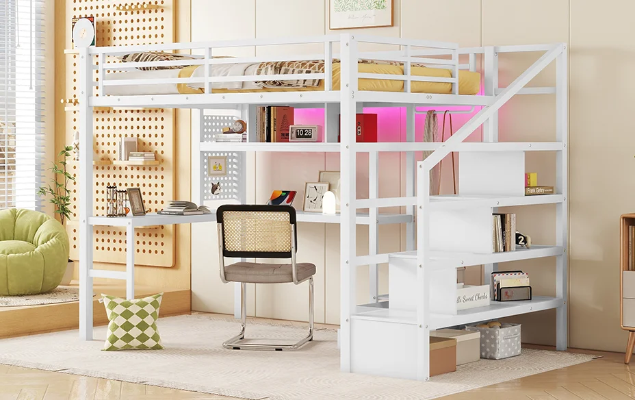 #Full Size Adjustable Modern Soft Bed With LED Light & Charge Station Wood Loft Bed With Desk And Staircase