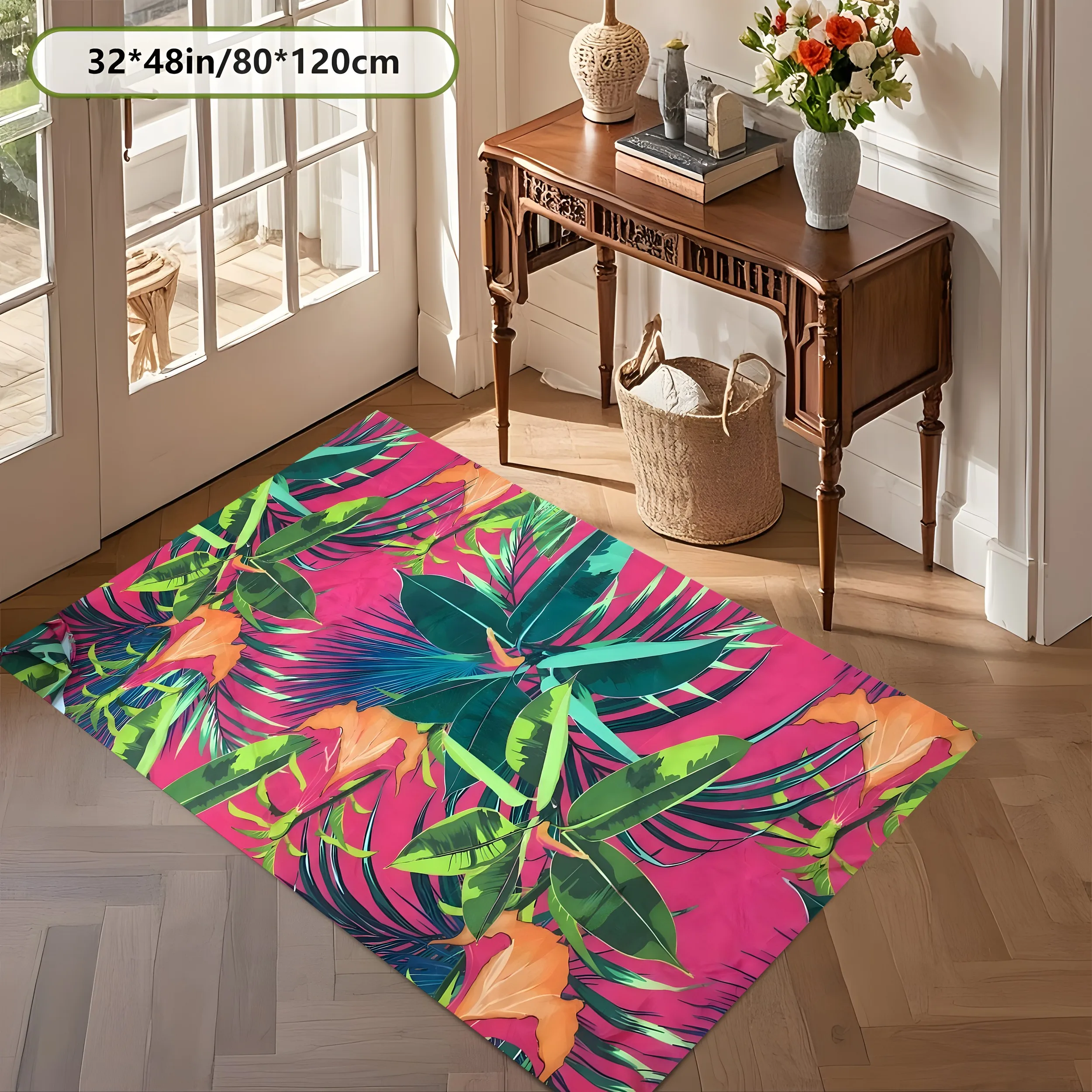 Large Velvet Area Rug Rose Tropical Green Floral Print Soft Easy Care Living Room Bedroom Entryway Home Decor Area Rug