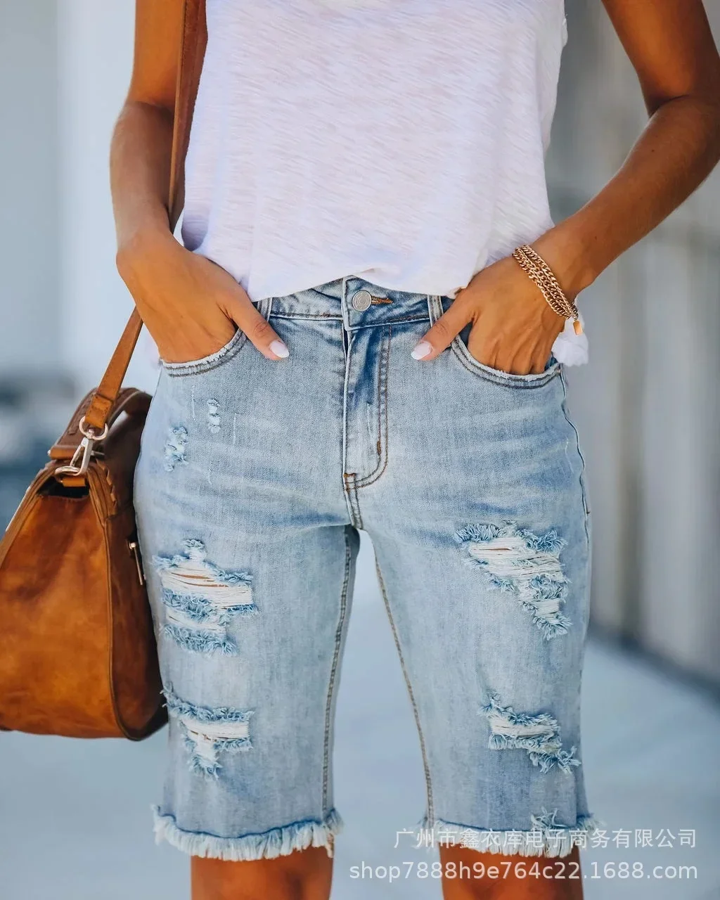 Sommer Neue Denim Zerrissene Fünf-Punkt-Hose Wunsch Raue Kante Fransen Jeans Frauen