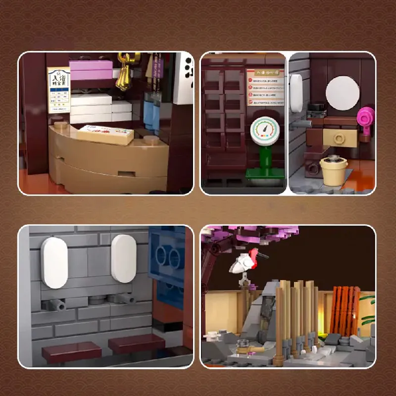 Conjuntos de edificios de casa de aguas termales japonesas, arquitectura urbana, con figuras, bloques de construcción, Kit de modelo, regalo para adultos y niños, 1249 Uds.