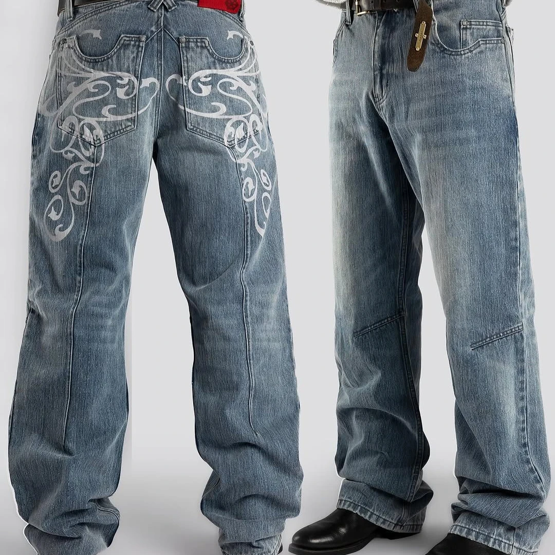 Y2k fragmento coleção jeans baggy vintage couro bordado gráfico impresso calças de perna larga azul lavado hip hop rua jeans