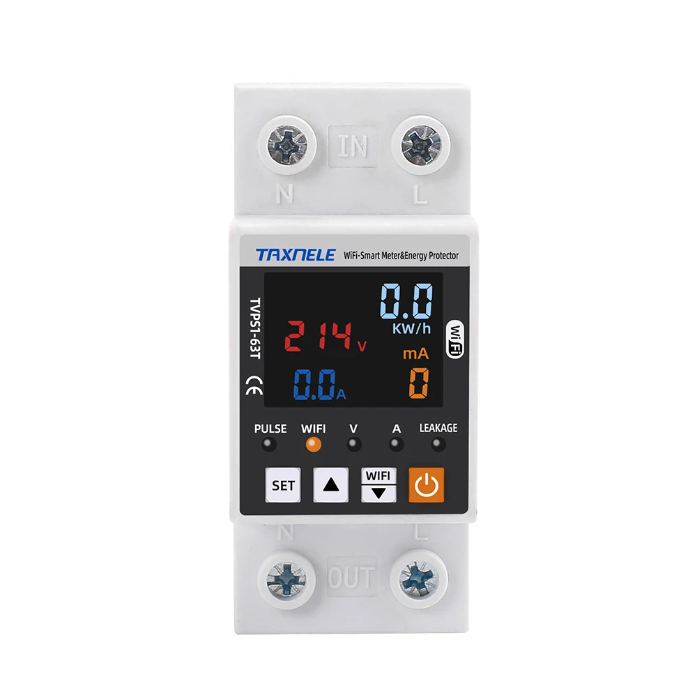 63A TUYA APP WiFi Smart Circuit Voltage Protector Relay Device Switch Breaker Earth Leakage Over Power kWh Meter AC 85-300V