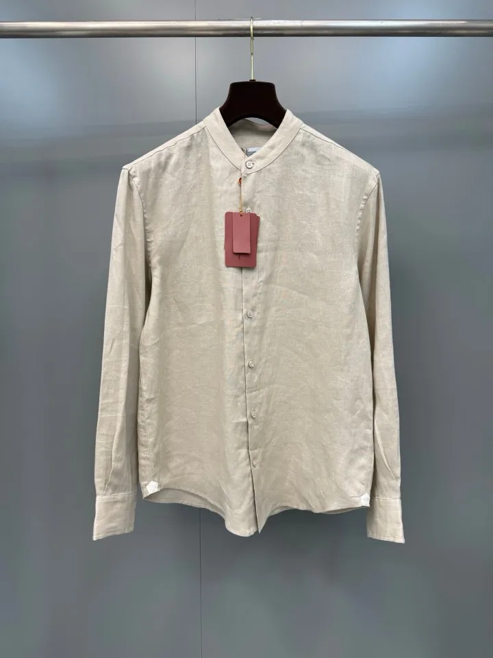 LP Old Money Aesthetic Men Linen Mandarin Collar Long Sleeve Shirt With Mother Of Pearl Buttons Badge Patch