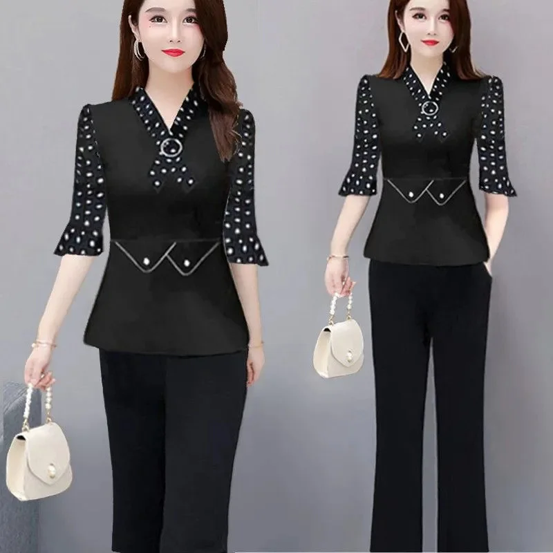 5XL Women Pants 2-Piece Set 2025 Spring Autumn Suit Middle Aged Female Shirt Tops+ Wide leg Pants Two-Piece Suit Profession Suit image 6