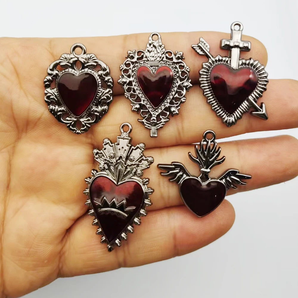 10 Stück Herzanhänger für die Schmuckherstellung, Emaille-Halskette, Armband, Ohrring, Anhänger, DIY-Zubehör, Zinklegierung, schwarz plattiert