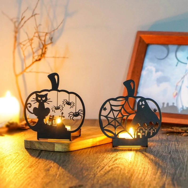 Horror Halloween Holders Tealight Stand with Ghostly Bat Spiderweb Funny Black Metal Candlestick Party Decoration