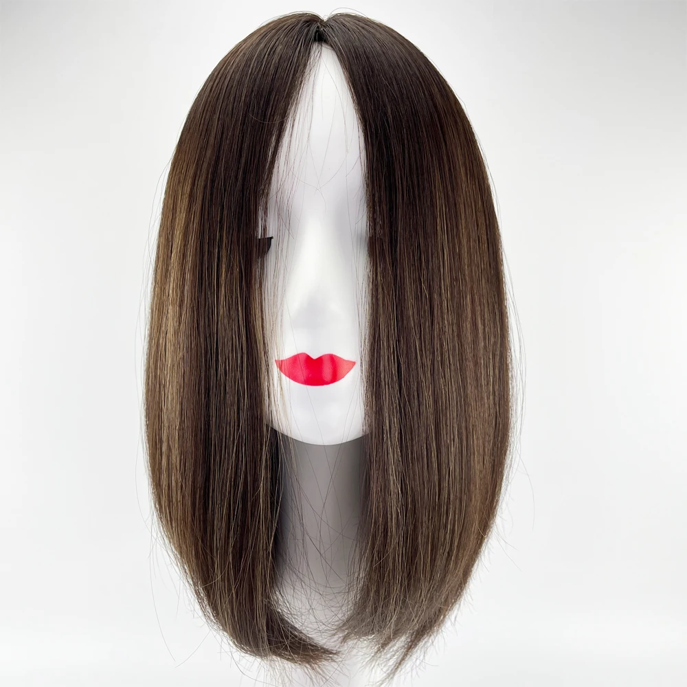 14inch Highlight Brown Jewish Wig Silk Base Straight High Quality Virgin Human Hair Kosher Wig Silk Top Same Hair Length Bob Wig