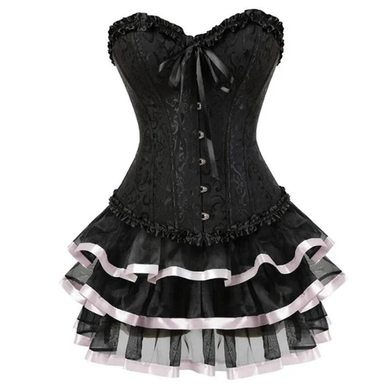 Women's Bustier Lingerie Corset Up Corsets Sexy Jacquard Lace Up Overbust Corset Bustiers Dress Body Shaper Mini Skirt Tutu