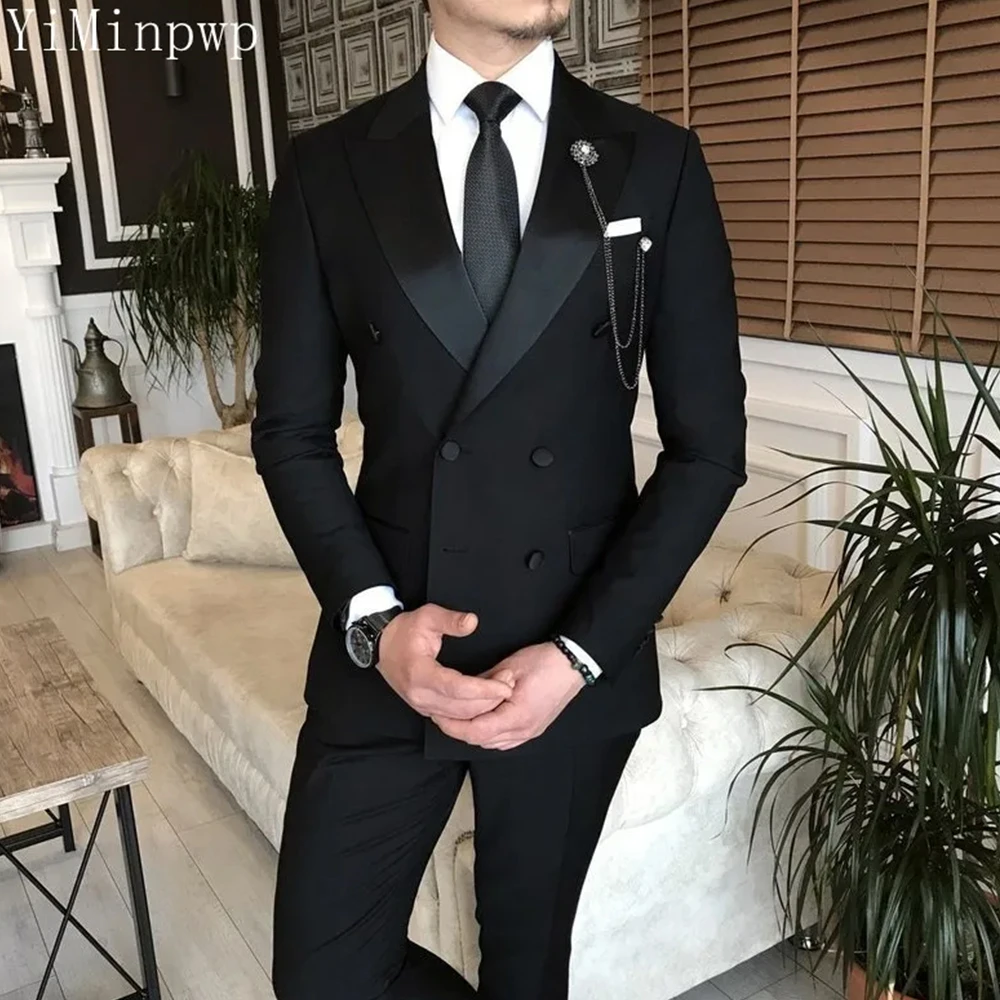 

New Wedding Suits for Men Double Breasted Office Mariage Homme Blazer Jacket Men Tuxedos Groom Formal Wear Suits Coat+Pant