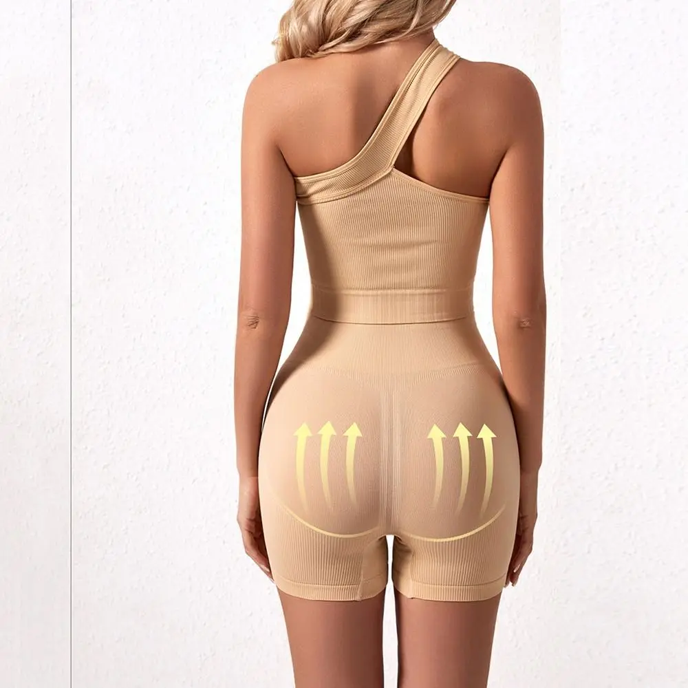 

2Pcs Casual Seamless Women Workout Sets High Waist Ribbed Yoga Outfits One Shoulder Tank Tops Sports Bra Running