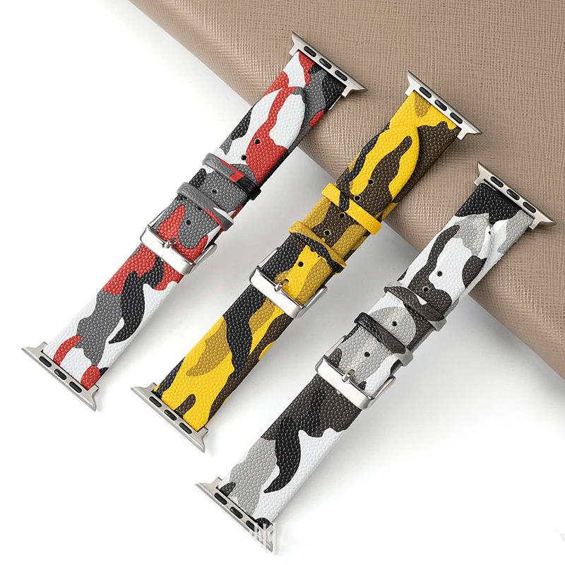 

Strap For Apple watch band 44mm 40mm 45mm 42mm 38MM Genuine leather watchband camouflage bracelet iwatch series 3 4 5 6 SE 7