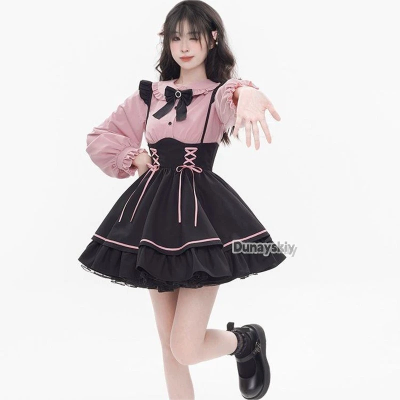 In Stock Jirai Kei Overall Dress Japanese Lolita Mine Style Pinafore Skirt Pink Kawaii y2k Kawai Sweet Bow Girly Belt