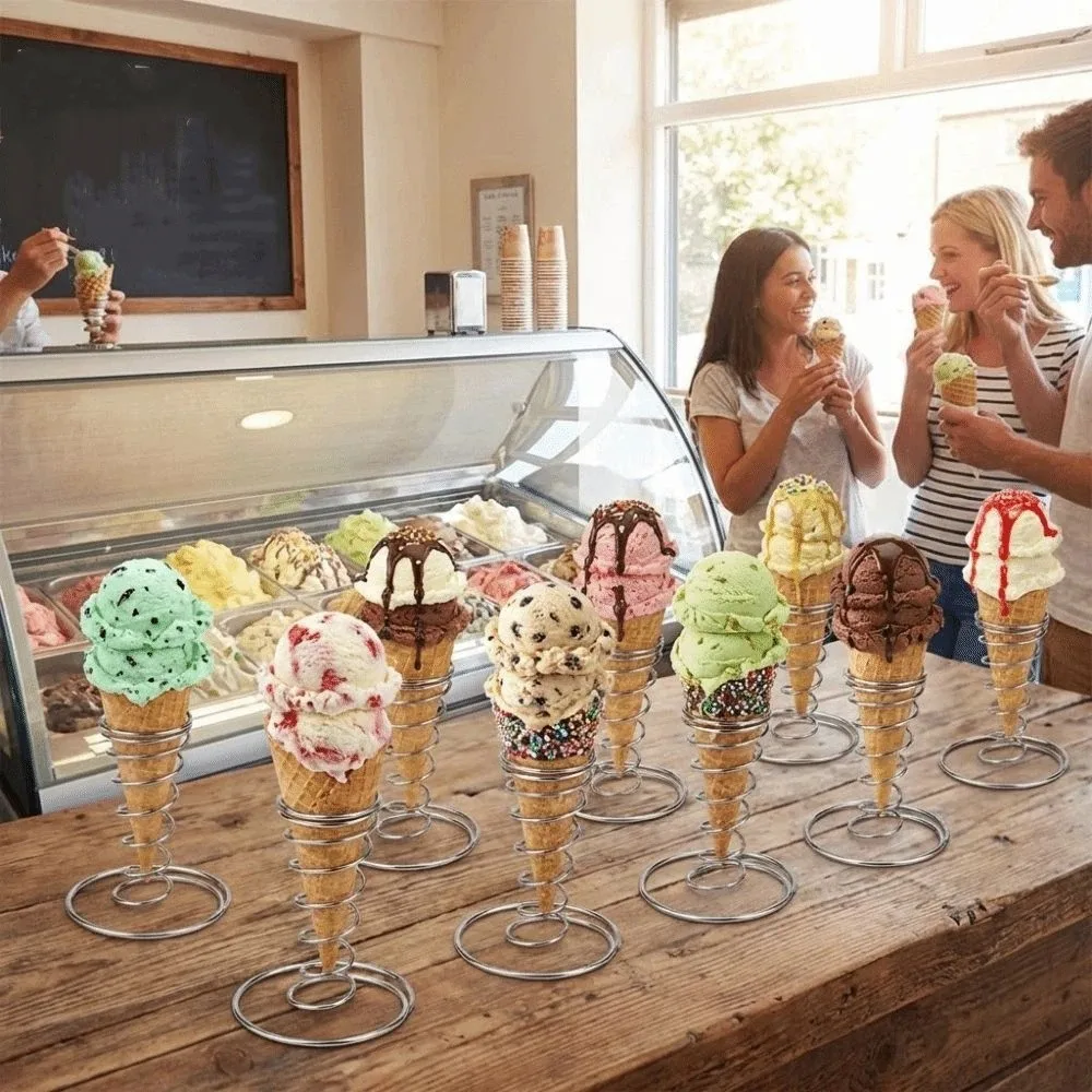 Stainless Steel Ice Cream Cone Holder Metal Basket Rust-proof French Fry Display Steady Conical Spring Waffle Display Stand