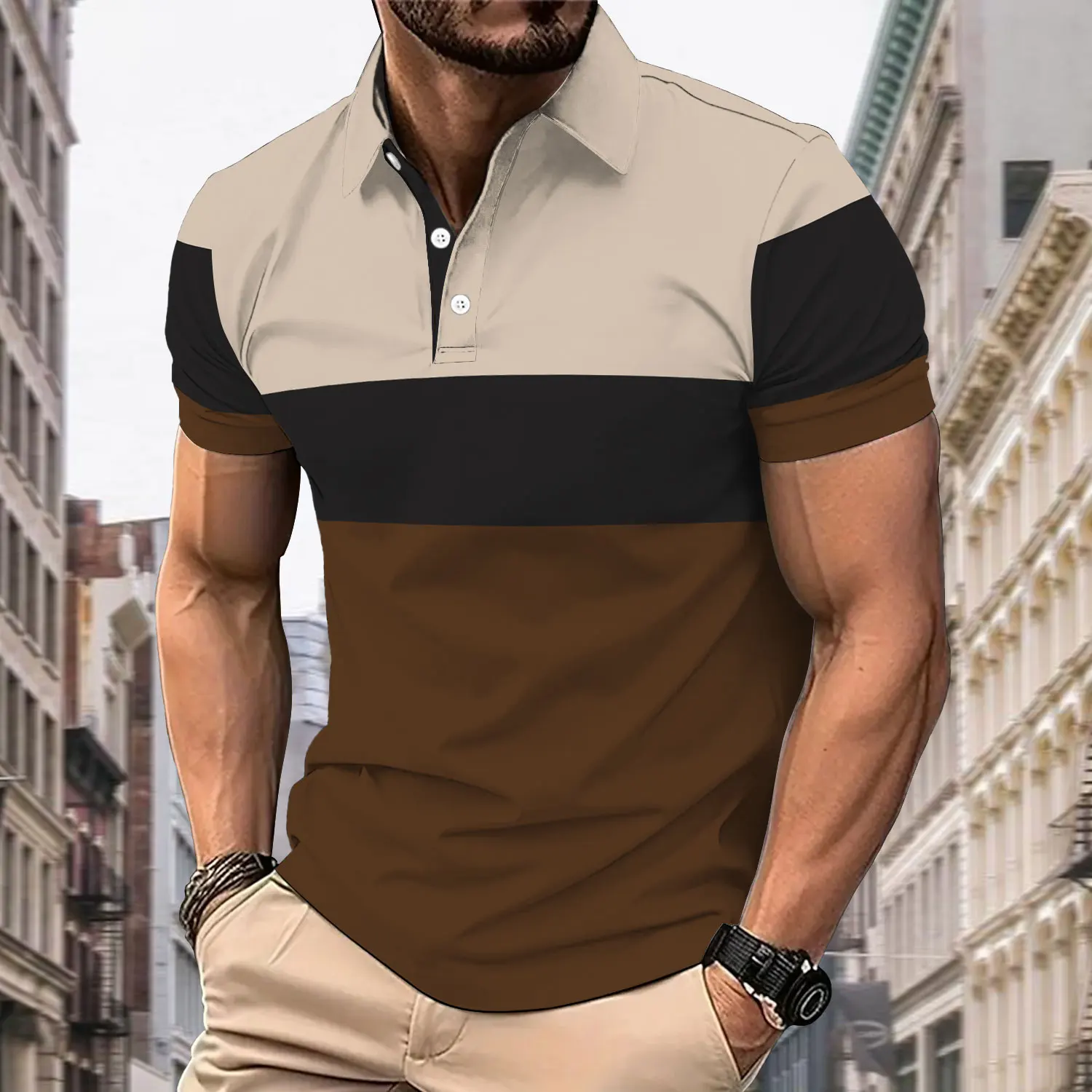 Men's Summer Casual Polo Fashion Digital Print Design, Lapel Button Short-Sleeved Polo Comfortable Fabric, Machine Wash Recommen
