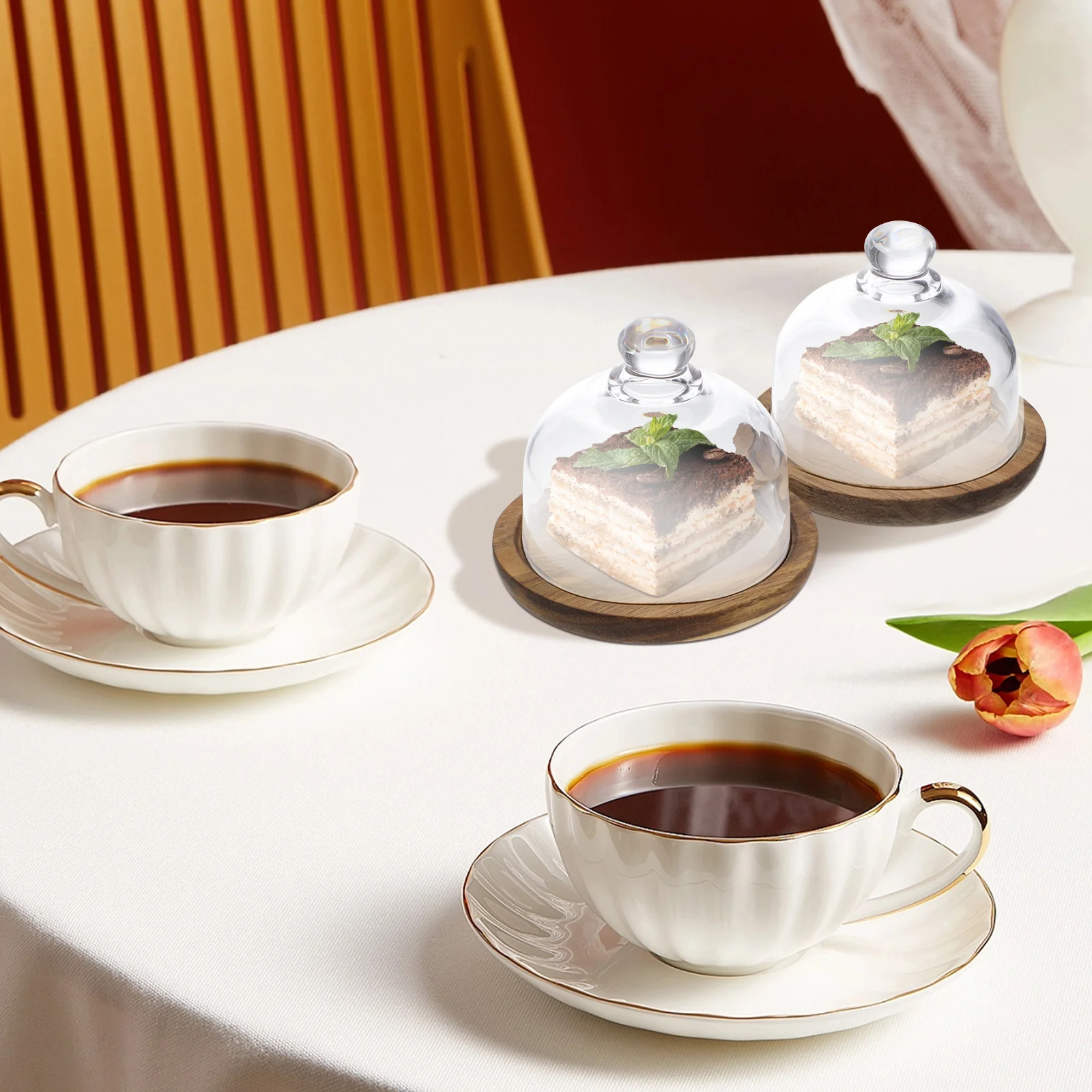 

2Pcs Butter Dish with Lid Glass Dome Wooden Tray Cake Display Stand Food Plate Dessert Holder Butter Dish with Lid