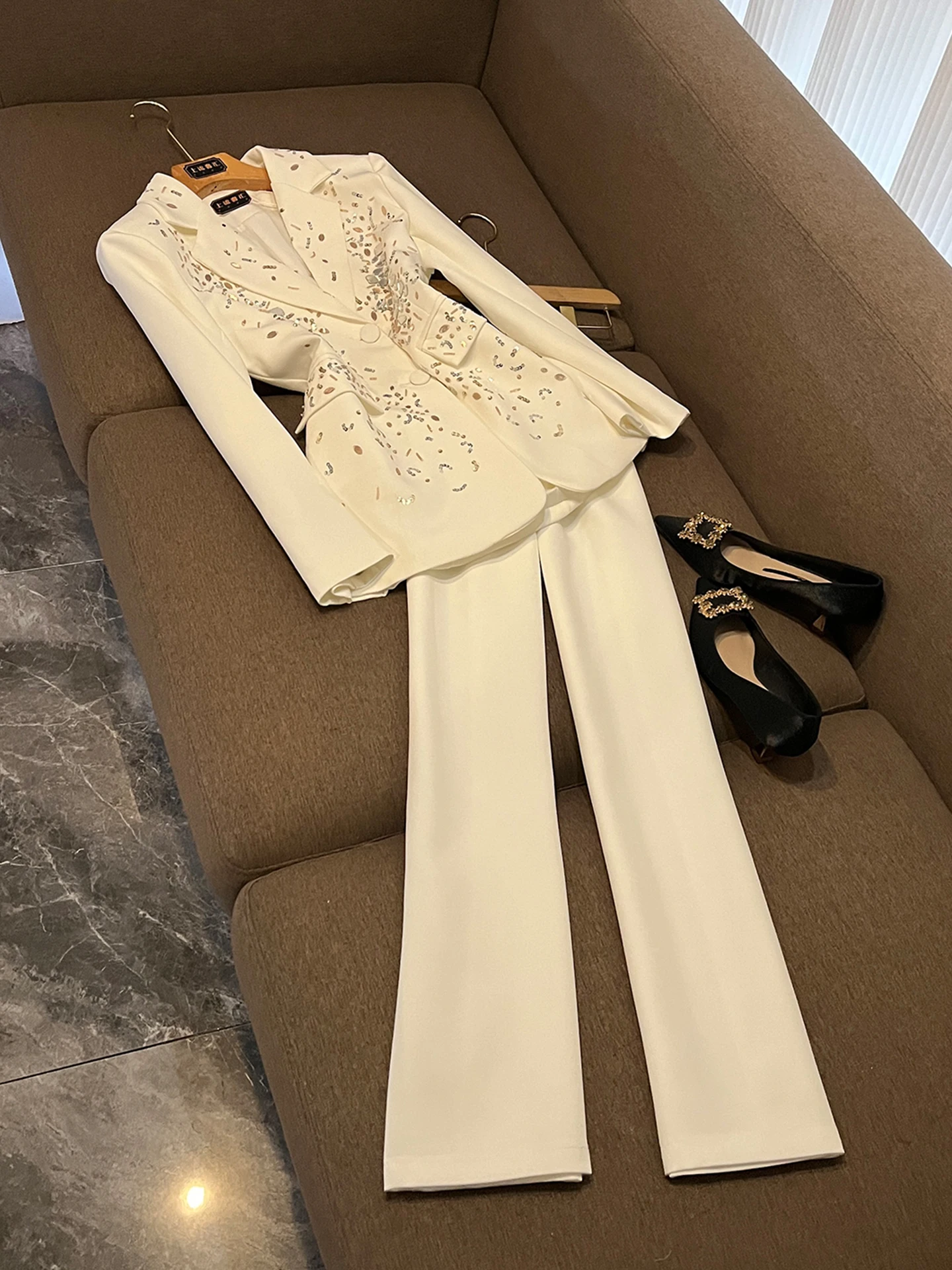 Busin Suit Set High Waist Slim Straight Pants Long Sve Diamond Design Outerwear for Women Commute Faion 2025 Autumn W...