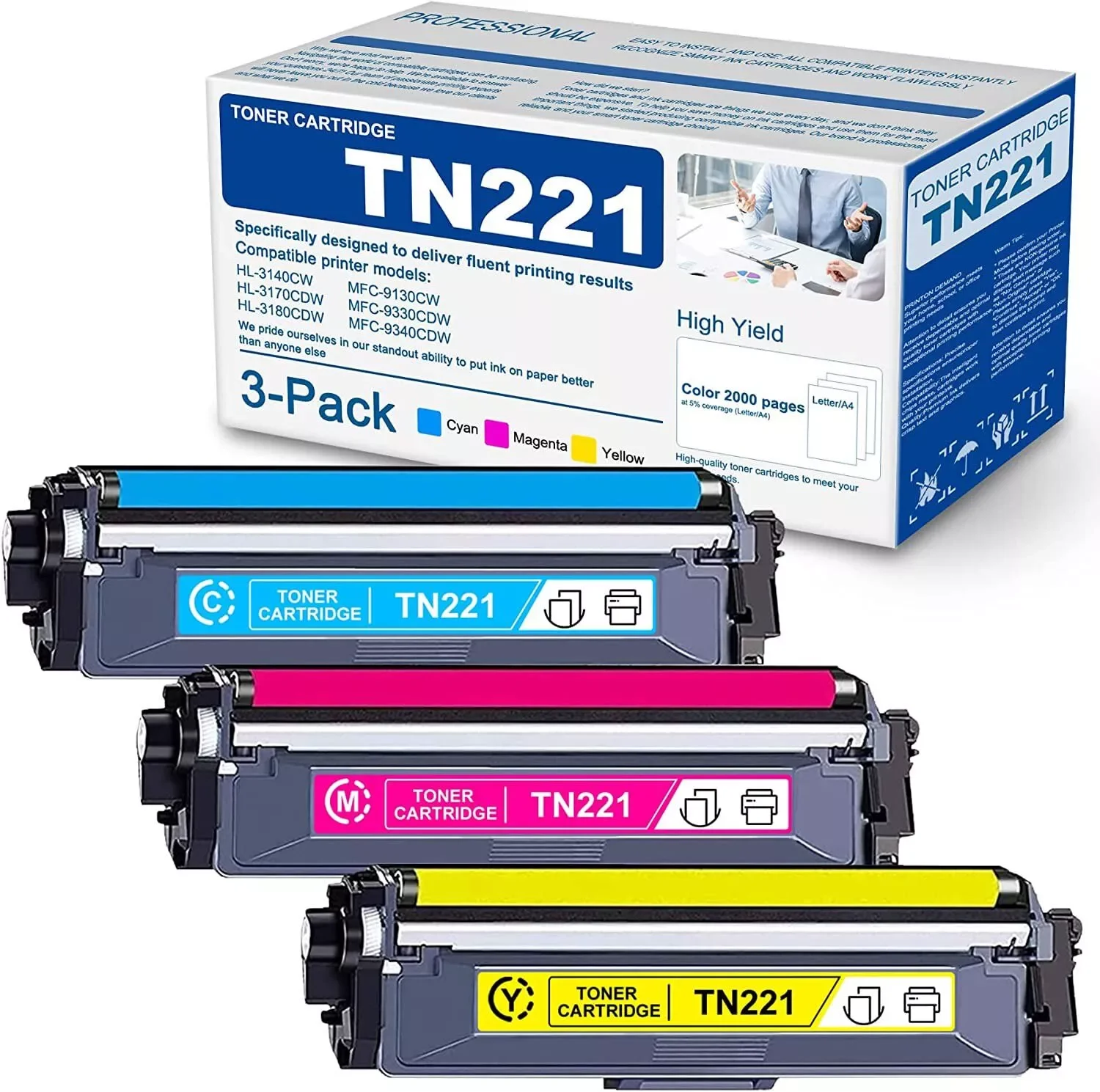 

3Pk Color TN225 Toner For Brother HL-3140CW HL-3170CDW MFC-9340CDW MFC-9130CW
