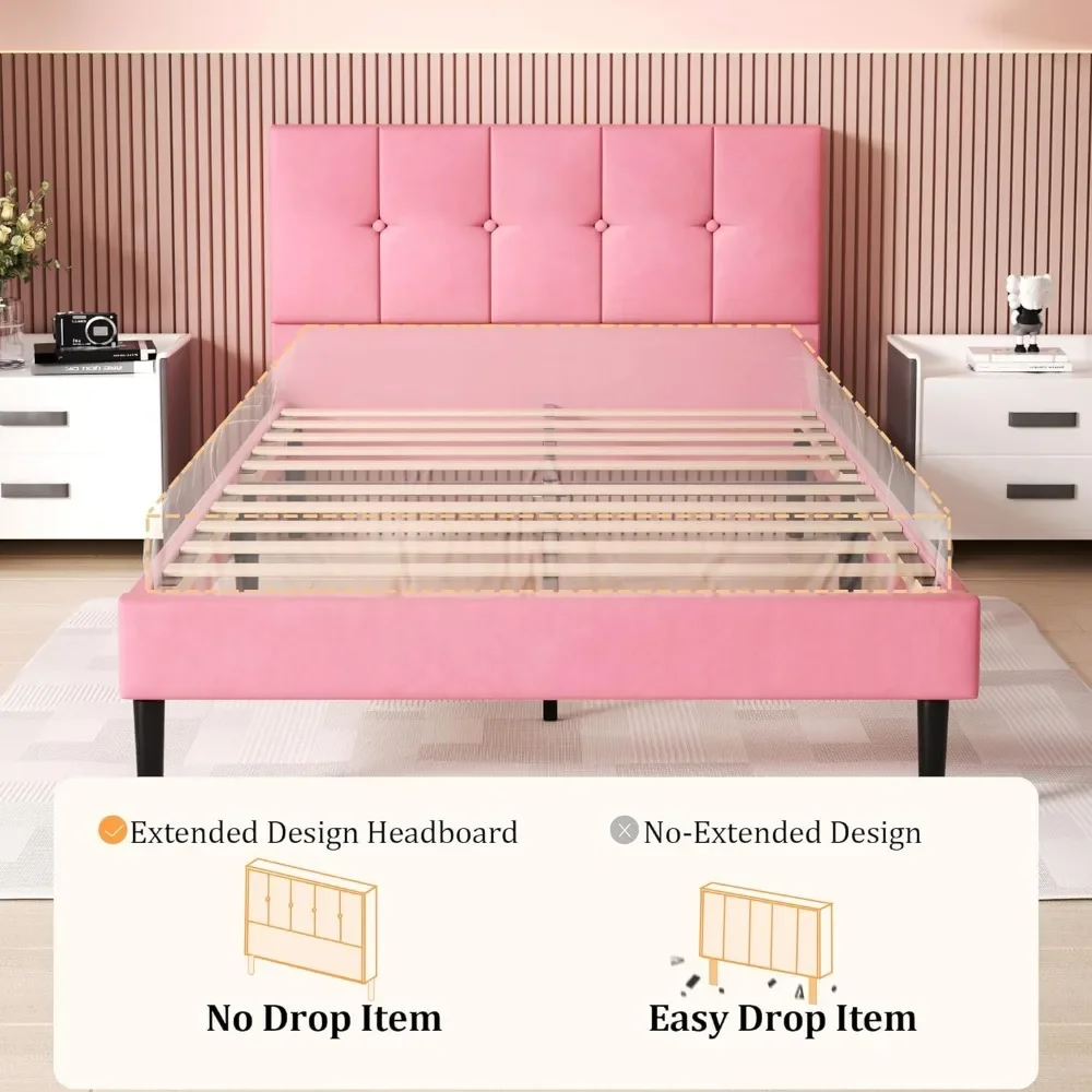 Twin Bed Frame , Velvet Upholstered Platform Bed Frame, Mattress Foundation with Wooden Slat Support, Noise Free