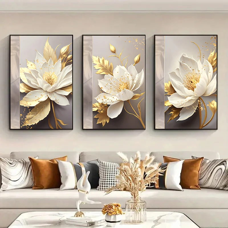 Set Of 3 White Golden Lotus Flower Canvas Wall Art Luxury Floral Print For Living Room Home Decor