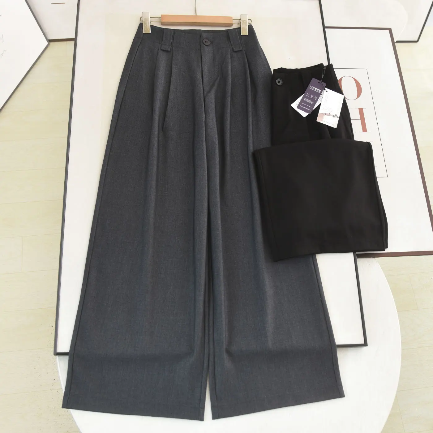 

Широкие брюки из шелковой шерсти с высокой талией, драпировка, скрытые бедра, повседневные длинные брюки, женские брюки с застежкой на пуговицы