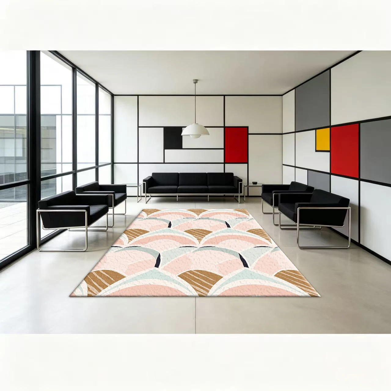 Pastel Geometric Curved Pattern Carpet Floor Modern Boho Style Abstract Art Rug Suitable for Home Living Room Decoration