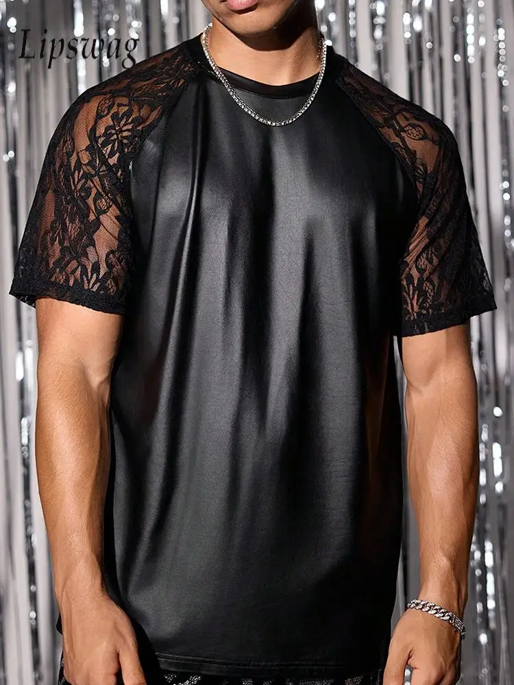 

Мужские кожаные футболки для ночного клуба, сексуальная сетчатая футболка с цветочной вышивкой и коротким рукавом, мужская весна-лето, модная лоскутная футболка с круглым вырезом