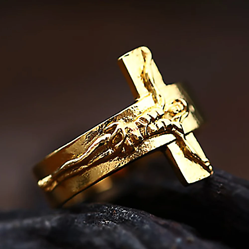 Vintage Stainless Steel Jesus Cross Rings For Men Women Golden Color Christian Prayer Ring Religion Party Jewelry Gift Wholesale