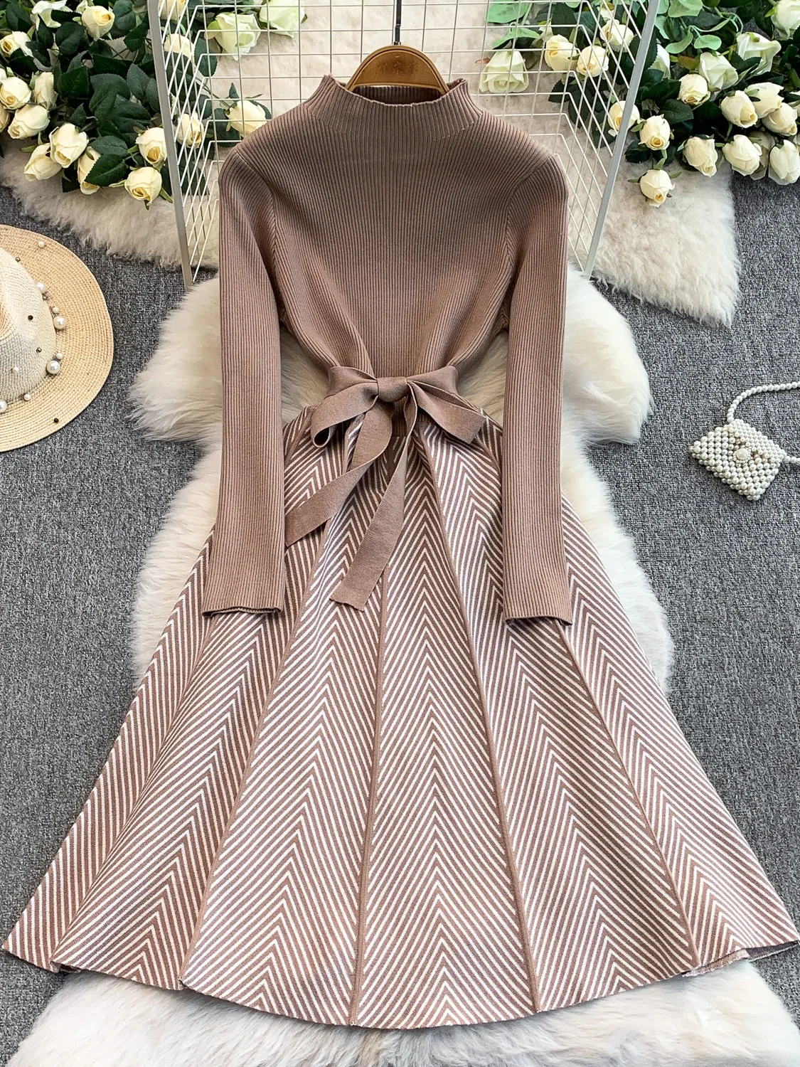 Ele tricoté longue Dr femmes automne hiver minceur rayure taille haute ceinturée Midi Dr Ci trajet a-ligne jupe