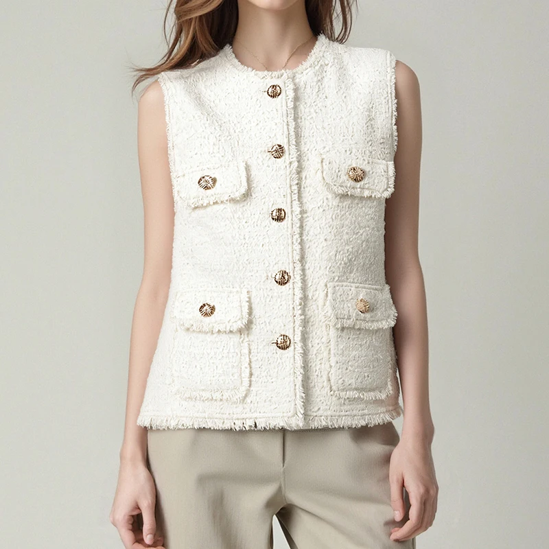 

Exquisite fashionable and elegant small fragrance vest temperament tassel pocket versatile sleeveless top