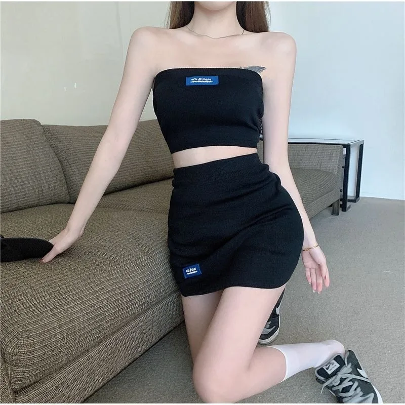 Temperament Spicy Girl Bra Top Wrap Hip Skirt Two Piece Set Women Patch Collarbone Sleeveless College Fashion Slim Summer Suit