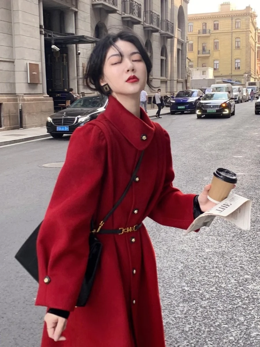 

Red Woolen Coat for Bridesmaid Engagement Wedding Korean Sle Long Sve round Ne Mid-Length Slim Fit Outerwear for Daily...
