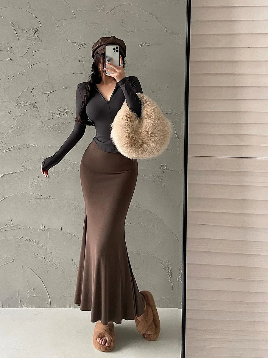 WOMENGAGA Sexy High Waist Tight Slim Elastic Wrap Hip Fishtail Skirt Half Length Skirts Trumpet Mermaid Kroean streetwear T8Z7