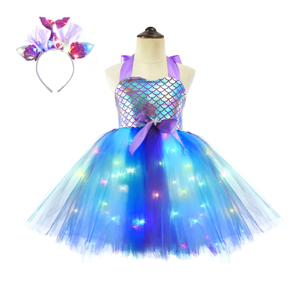 Girls Pastel  Dresses with LED Lights Kids Birthday Party Glowing Dress Children Mermaid Costumes Baby Girl Rainbow Unicorn Tutu