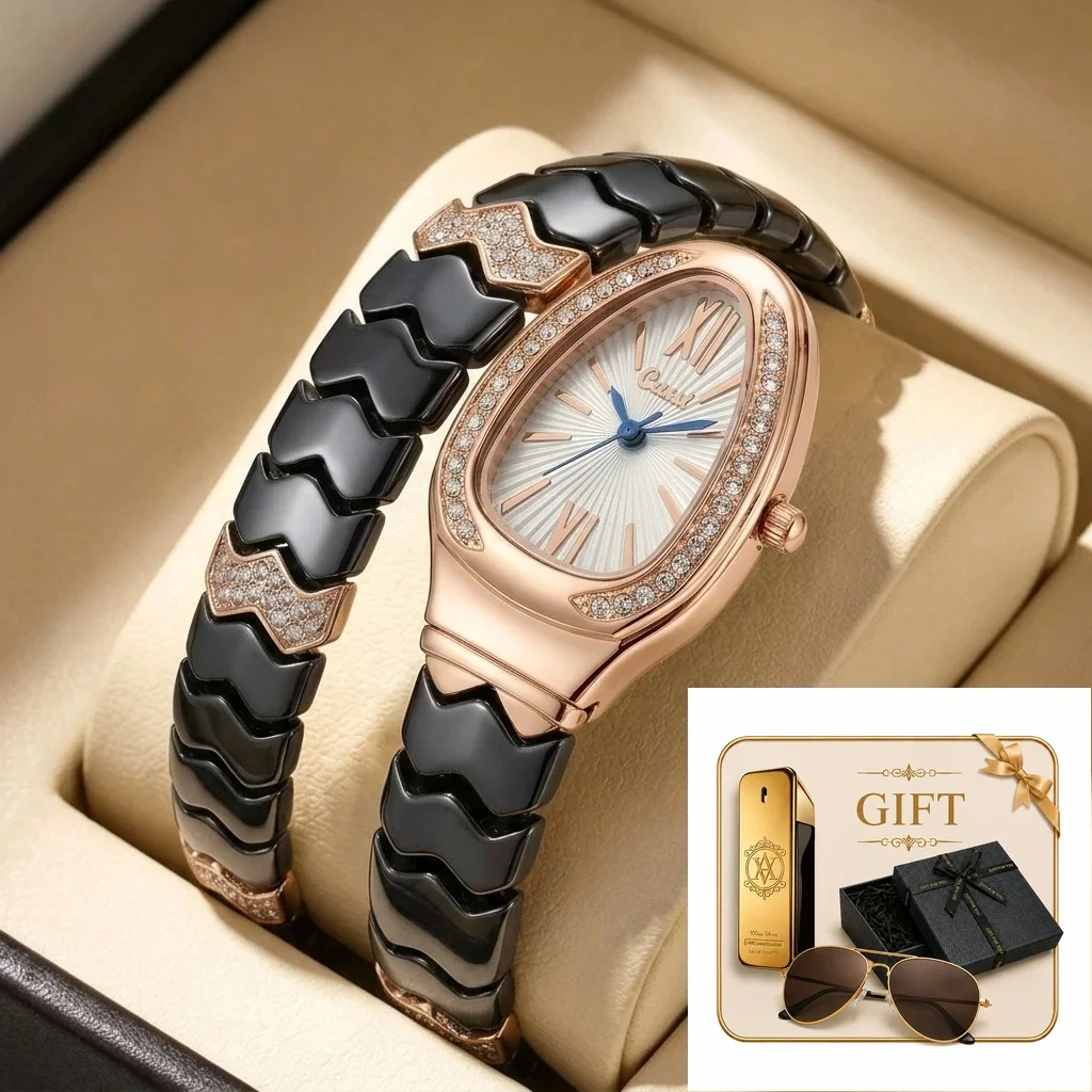 4pc Ladies Black and Rose Gold Ceramic Fashion Fashion Luxury Diamond Accents Quartz Watch Gift Set, Party, Anniversary