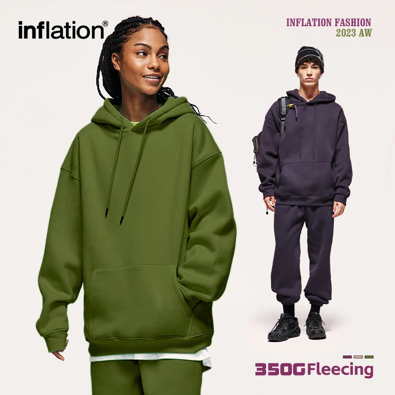 INFLATION Winter Thick Fleece Hoodies Unisex Trendy 350gsm Premium Velvet Hoodies Mens Minimalism Blank Hooded Sweatshirt