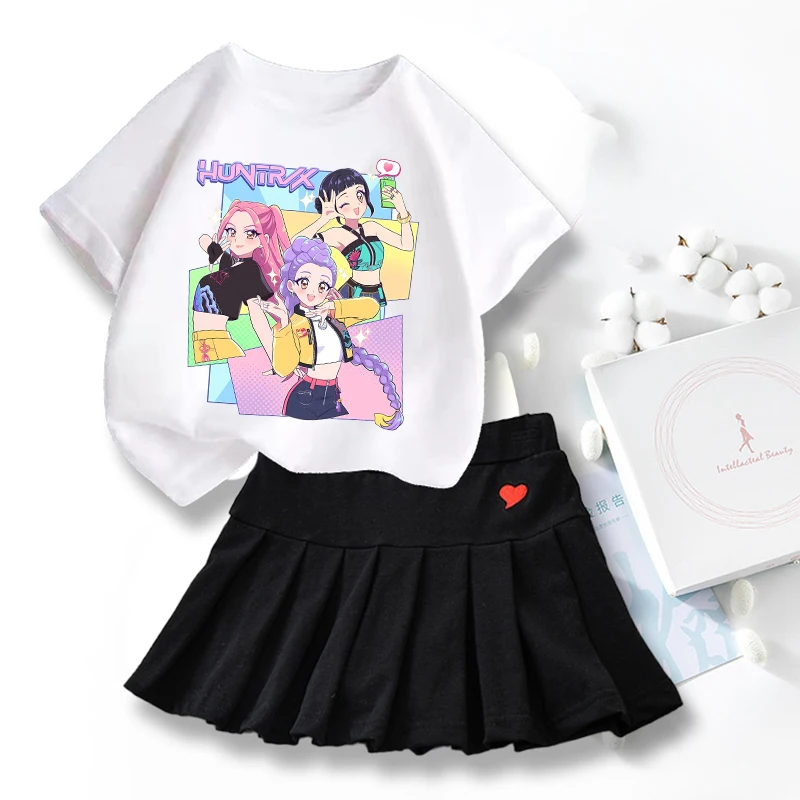 New K Po-p  T-shirts Skirt Set Kawaii Cartoon Graphic T-shirt Kids Casual Short Sleeves Tops Summer Girl Clothes