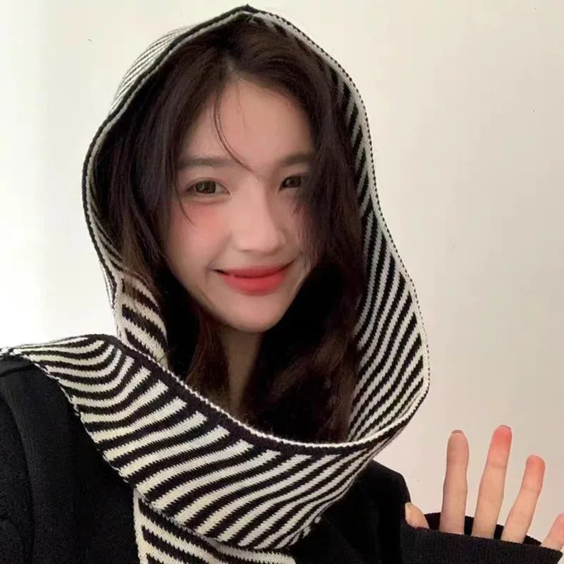 

Fashion Woman Winter Knitted Hat with Scarf Women Korean Version of Striped Scarf Hat Retro Warm Shawl Neck Wool Knit Hat Hooded