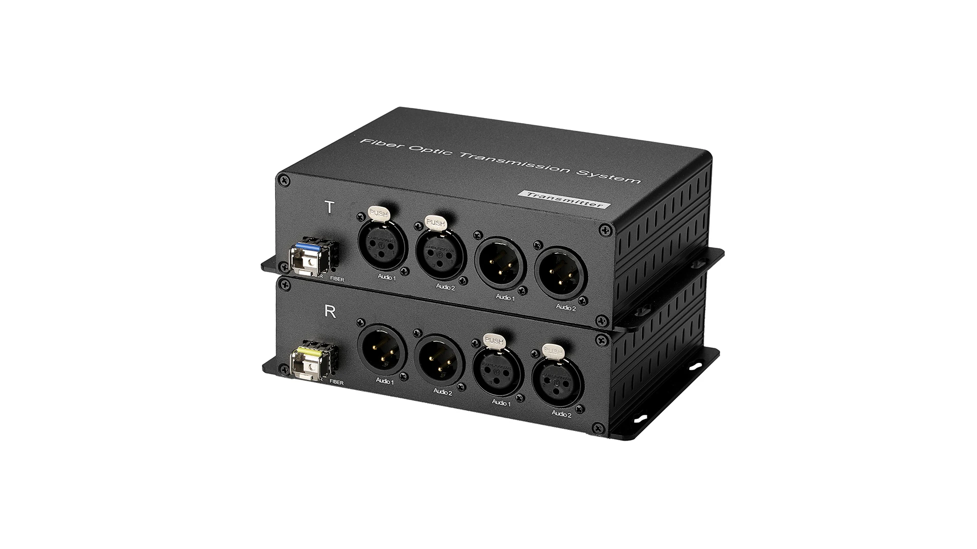 2ch bidirectional balanced XLR audio to fiber audio converter with a single mode SFP fiber optical connector